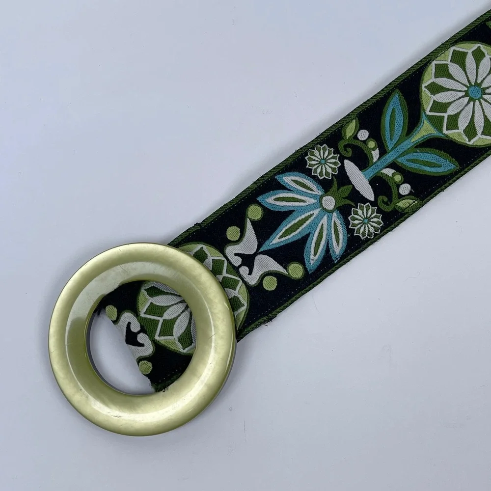 Vintage Floral Embroidered O-Ring Buckle Belt Womens Green Blue Boho Folk 70s